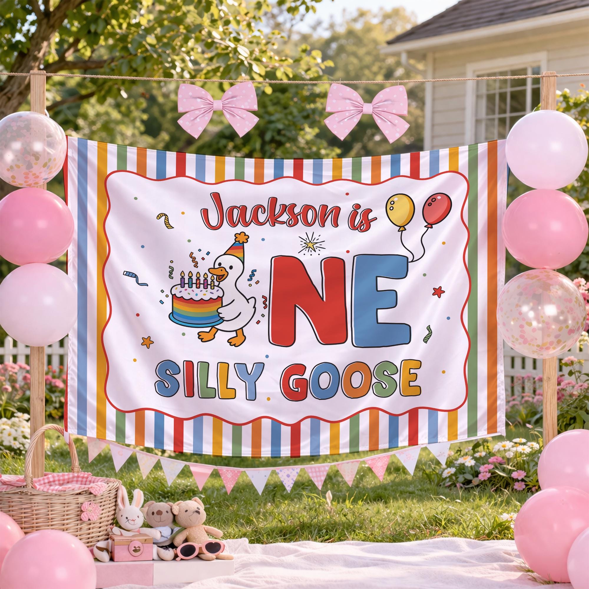 Personalized Silly Goose 1st Birthday Banner for Baby or Toddler Party, Rainbow Stripes with Cake, Balloons, and Custom Name Decoration