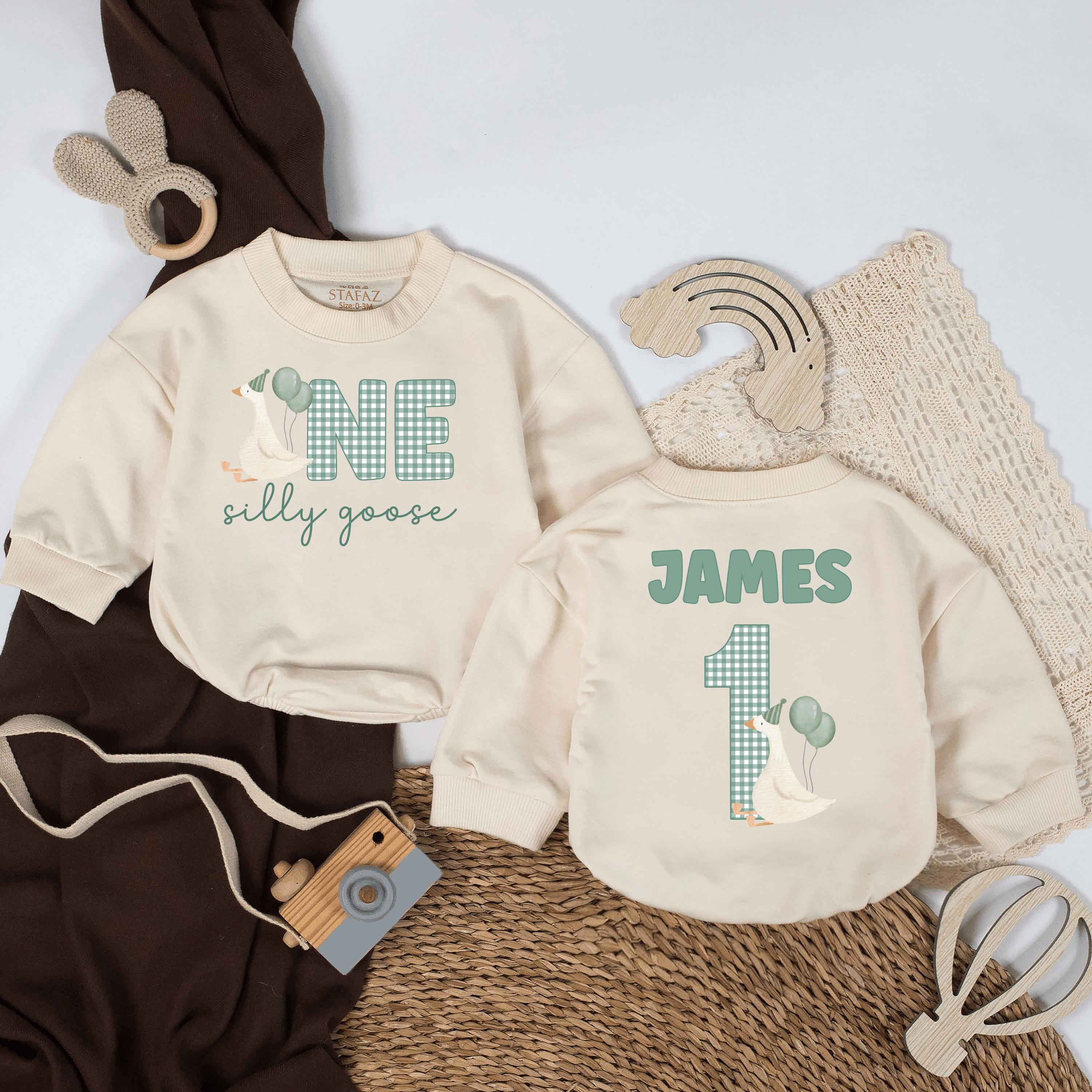 Personalized Silly Goose 1st Birthday Romper with Custom Name and Gingham Design Baby Boy Outfit Sage Green First Birthday Gift