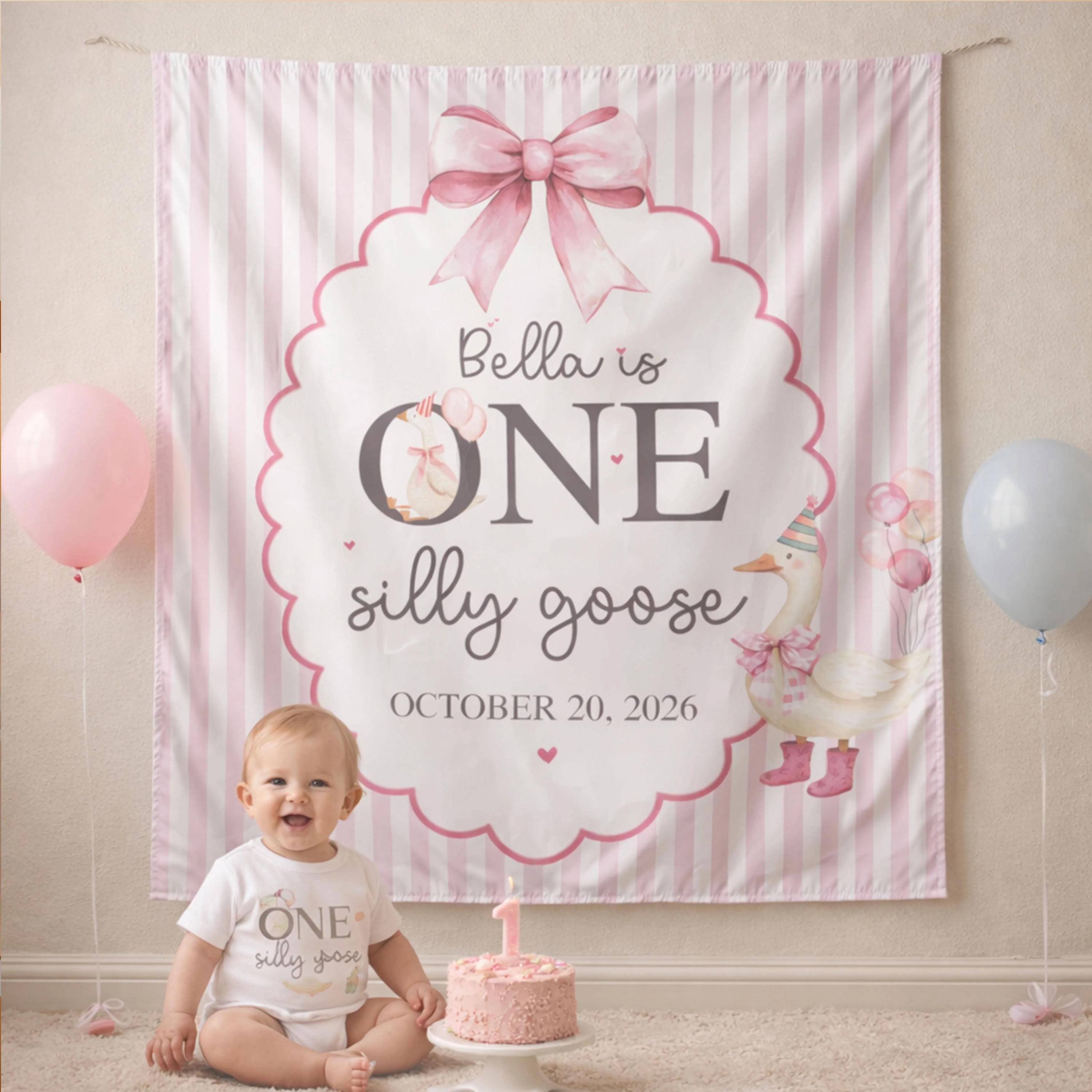 Personalized Silly Goose Birthday Banner for Baby Girl, One Milestone Decor with Pink Bow and Balloons, Custom Name Party Backdrop Sign