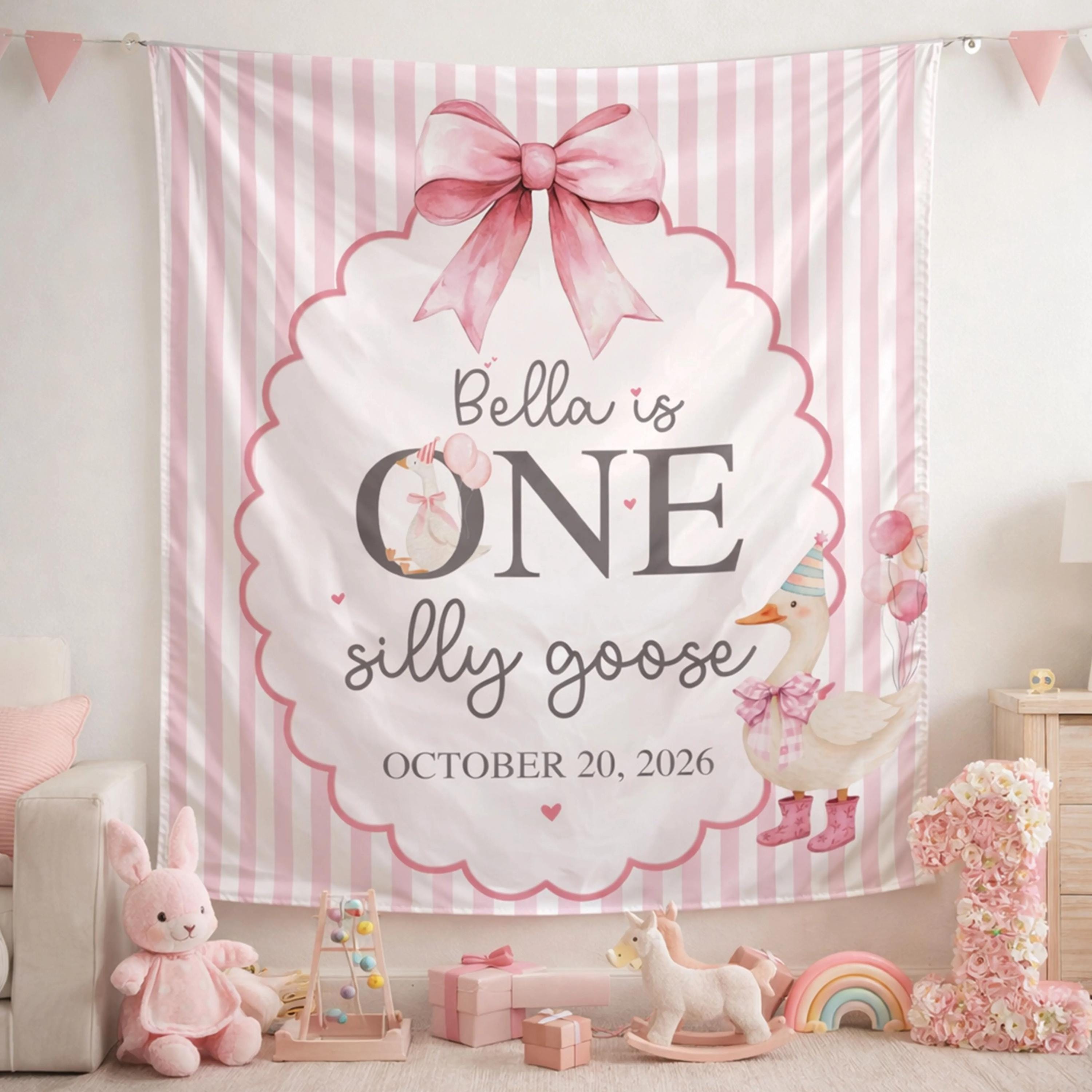Personalized Silly Goose Birthday Banner for Baby Girl, One Milestone Decor with Pink Bow and Balloons, Custom Name Party Backdrop Sign