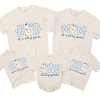 Personalized Silly Goose Family Birthday T-Shirts with Cartoon Goose, Light Blue Party Design, Cotton Tee for Babies, Kids, Adults NB–2XL