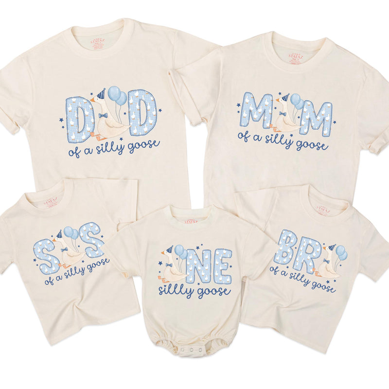 Personalized Silly Goose Family Birthday T-Shirts with Cartoon Goose, Light Blue Party Design, Cotton Tee for Babies, Kids, Adults NB–2XL