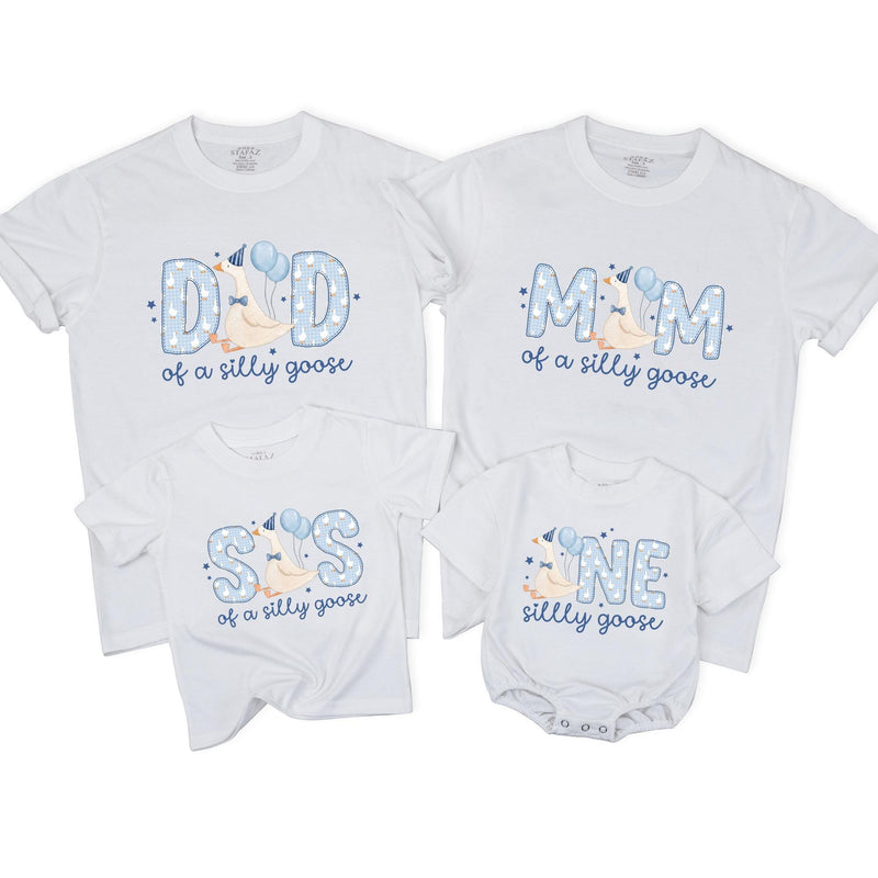 Personalized Silly Goose Family Birthday T-Shirts with Cartoon Goose, Light Blue Party Design, Cotton Tee for Babies, Kids, Adults NB–2XL