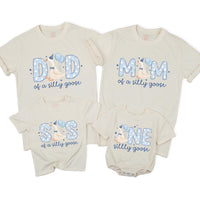 Personalized Silly Goose Family Birthday T-Shirts with Cartoon Goose, Light Blue Party Design, Cotton Tee for Babies, Kids, Adults NB–2XL
