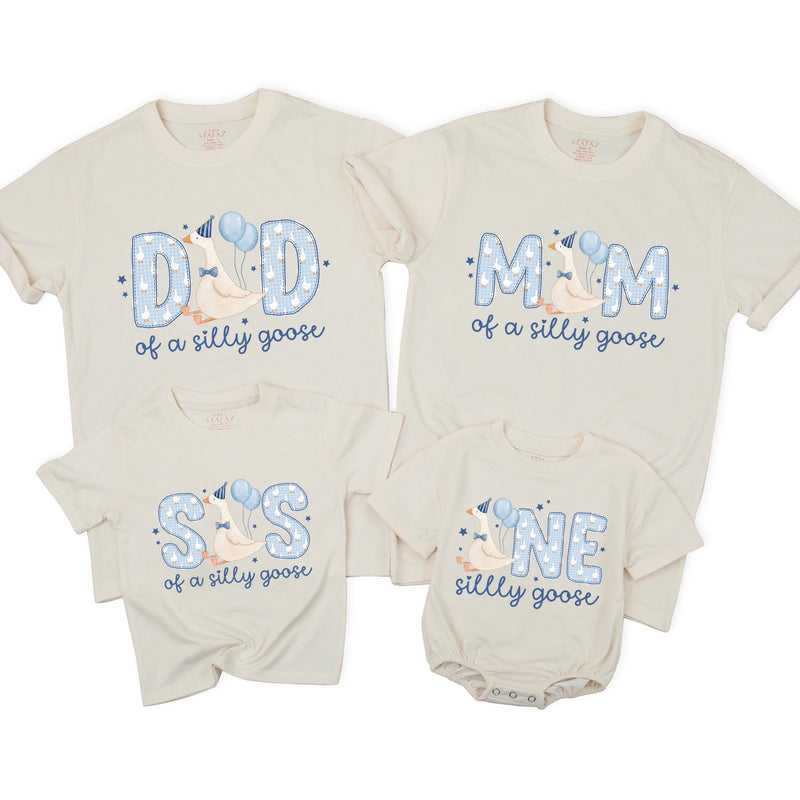 Personalized Silly Goose Family Birthday T-Shirts with Cartoon Goose, Light Blue Party Design, Cotton Tee for Babies, Kids, Adults NB–2XL