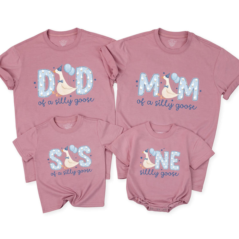 Personalized Silly Goose Family Birthday T-Shirts with Cartoon Goose, Light Blue Party Design, Cotton Tee for Babies, Kids, Adults NB–2XL