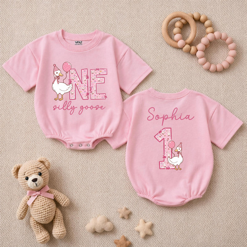 Personalized Silly Goose First Birthday Baby Romper, Goose Balloon 1st Birthday Baby Bodysuit, Cute Animals Infant Clothes, Baby Shower Gift