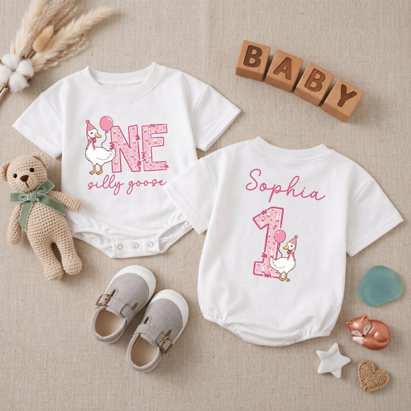 Personalized Silly Goose First Birthday Baby Romper, Goose Balloon 1st Birthday Baby Bodysuit, Cute Animals Infant Clothes, Baby Shower Gift