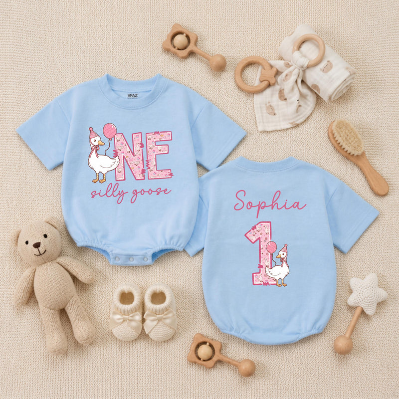 Personalized Silly Goose First Birthday Baby Romper, Goose Balloon 1st Birthday Baby Bodysuit, Cute Animals Infant Clothes, Baby Shower Gift