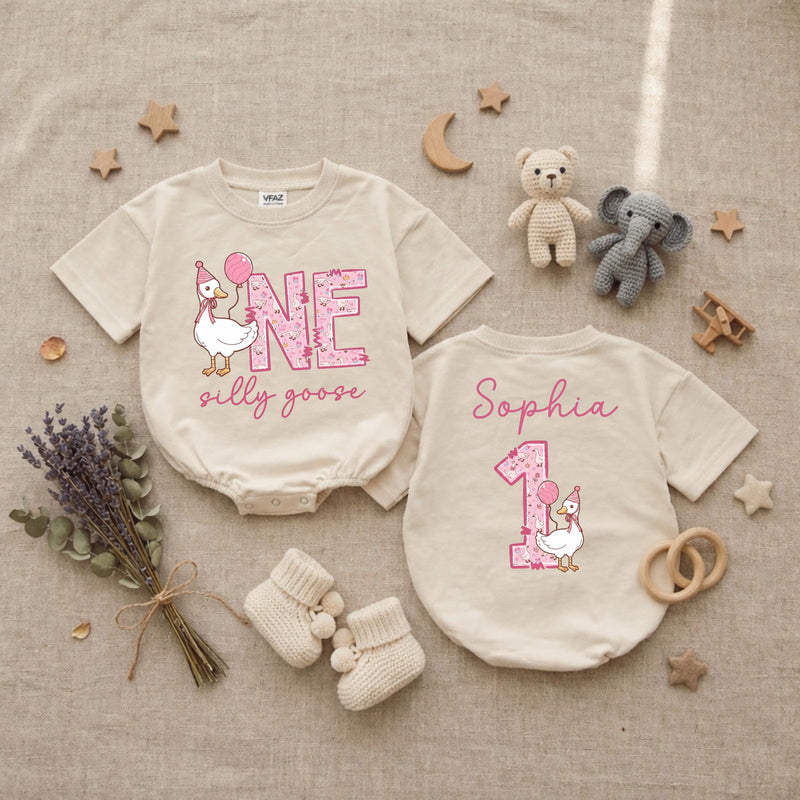 Personalized Silly Goose First Birthday Baby Romper, Goose Balloon 1st Birthday Baby Bodysuit, Cute Animals Infant Clothes, Baby Shower Gift