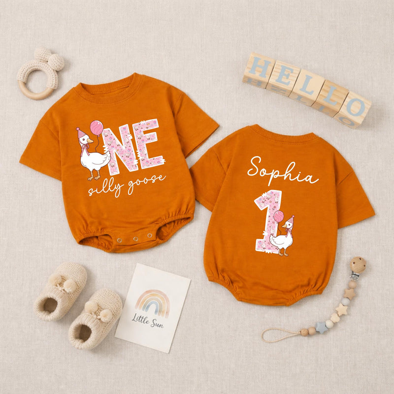 Personalized Silly Goose First Birthday Baby Romper, Goose Balloon 1st Birthday Baby Bodysuit, Cute Animals Infant Clothes, Baby Shower Gift