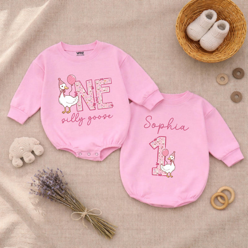 Personalized Silly Goose First Birthday Baby Romper, Goose Balloon 1st Birthday Baby Bodysuit, Cute Animals Infant Clothes, Baby Shower Gift