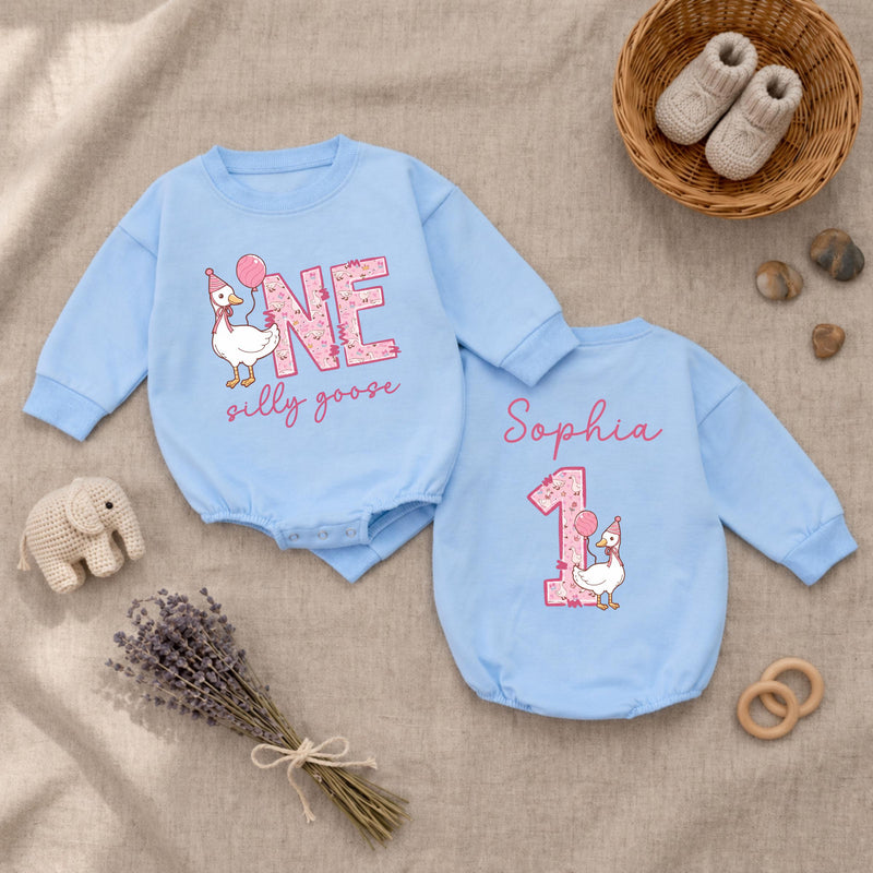 Personalized Silly Goose First Birthday Baby Romper, Goose Balloon 1st Birthday Baby Bodysuit, Cute Animals Infant Clothes, Baby Shower Gift