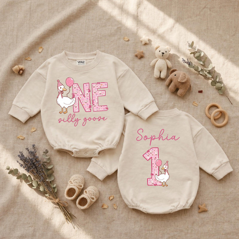 Personalized Silly Goose First Birthday Baby Romper, Goose Balloon 1st Birthday Baby Bodysuit, Cute Animals Infant Clothes, Baby Shower Gift