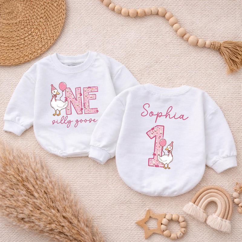 Personalized Silly Goose First Birthday Baby Romper, Goose Balloon 1st Birthday Baby Bodysuit, Cute Animals Infant Clothes, Baby Shower Gift