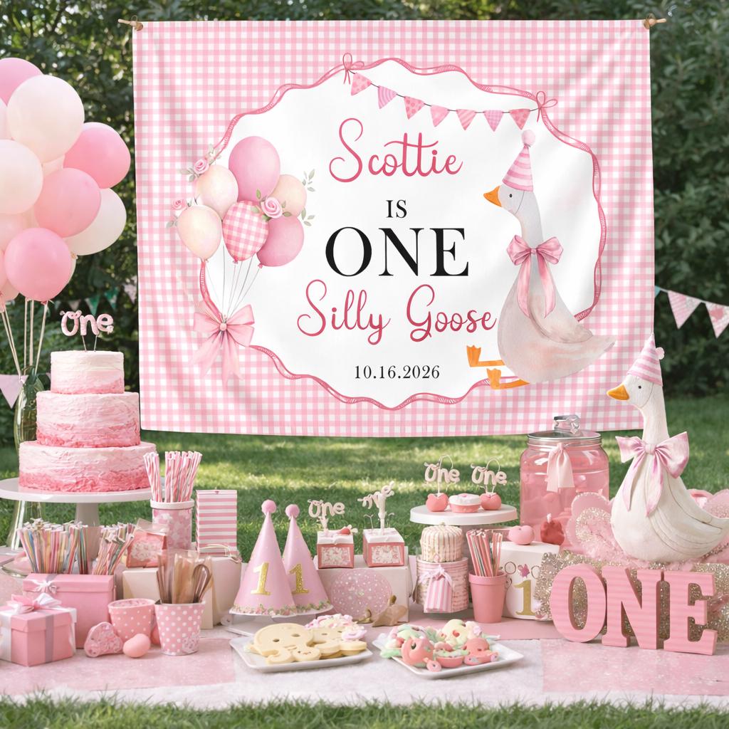Personalized Silly Goose First Birthday Banner Pink Gingham Girl Party Decor Custom Name and Date Vintage Balloon Design
