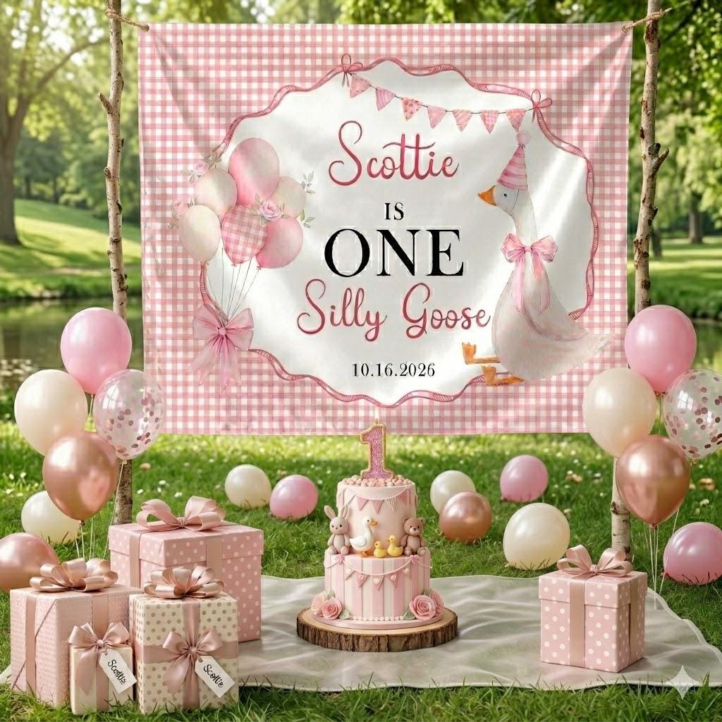 Personalized Silly Goose First Birthday Banner Pink Gingham Girl Party Decor Custom Name and Date Vintage Balloon Design