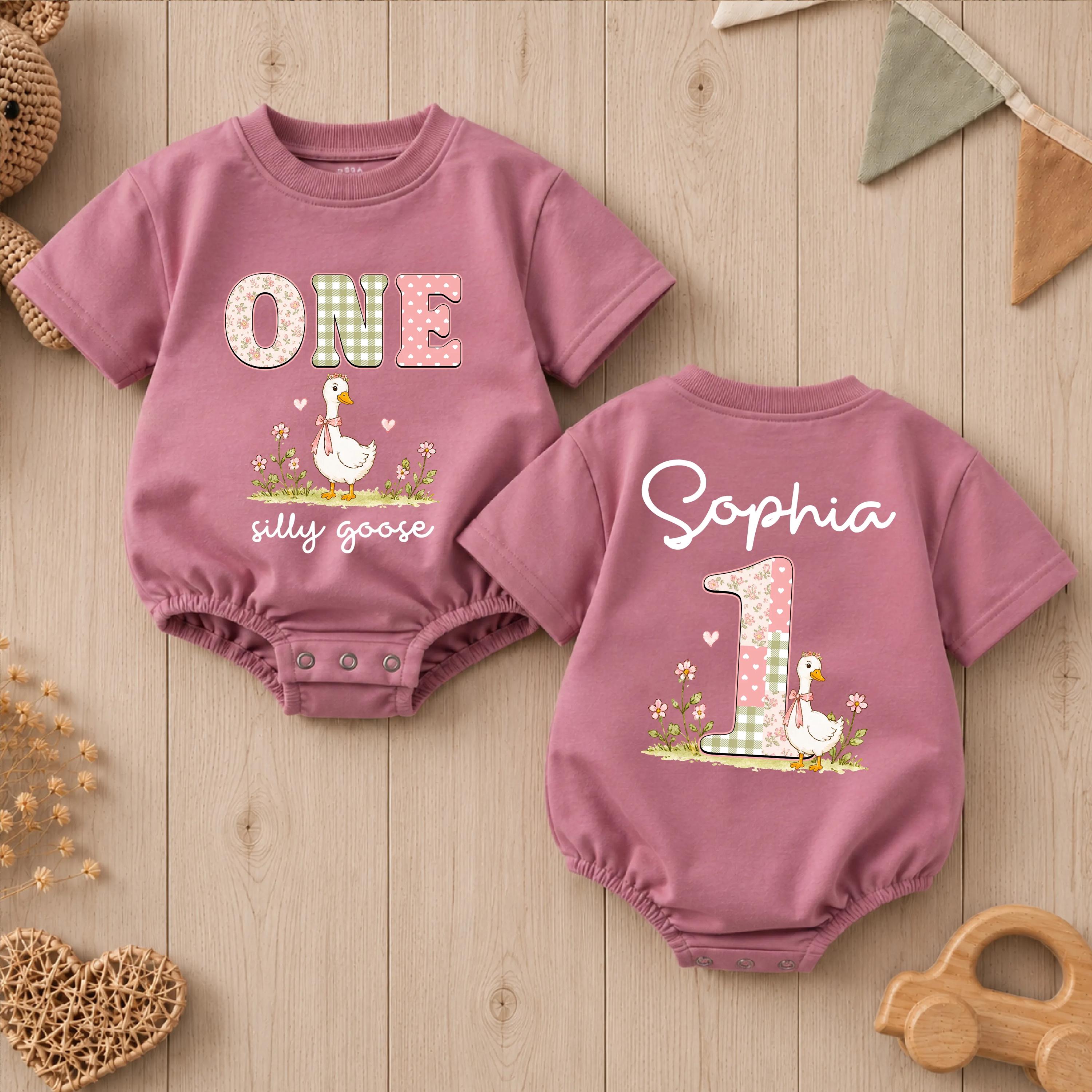Personalized Silly Goose First Birthday Outfit Baby Girl Romper with Pink Bow Sage Green Floral Design Cake Smash Clothes Custom Name