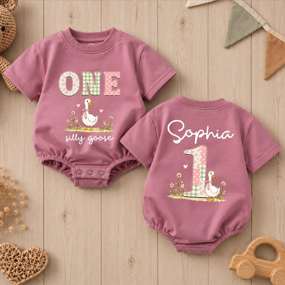 Personalized Silly Goose First Birthday Outfit Baby Girl Romper with Pink Bow Sage Green Floral Design Cake Smash Clothes Custom Name