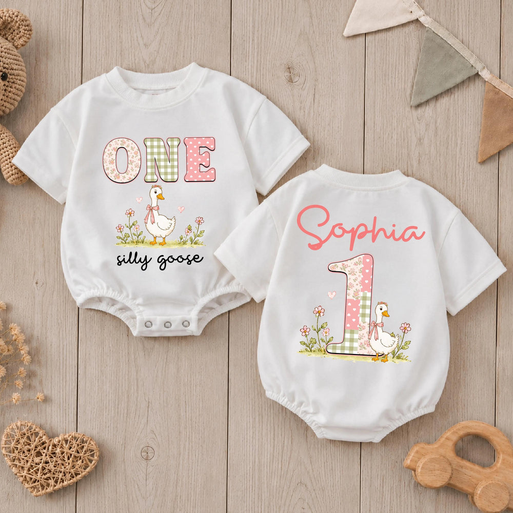 Personalized Silly Goose First Birthday Outfit Baby Girl Romper with Pink Bow Sage Green Floral Design Cake Smash Clothes Custom Name