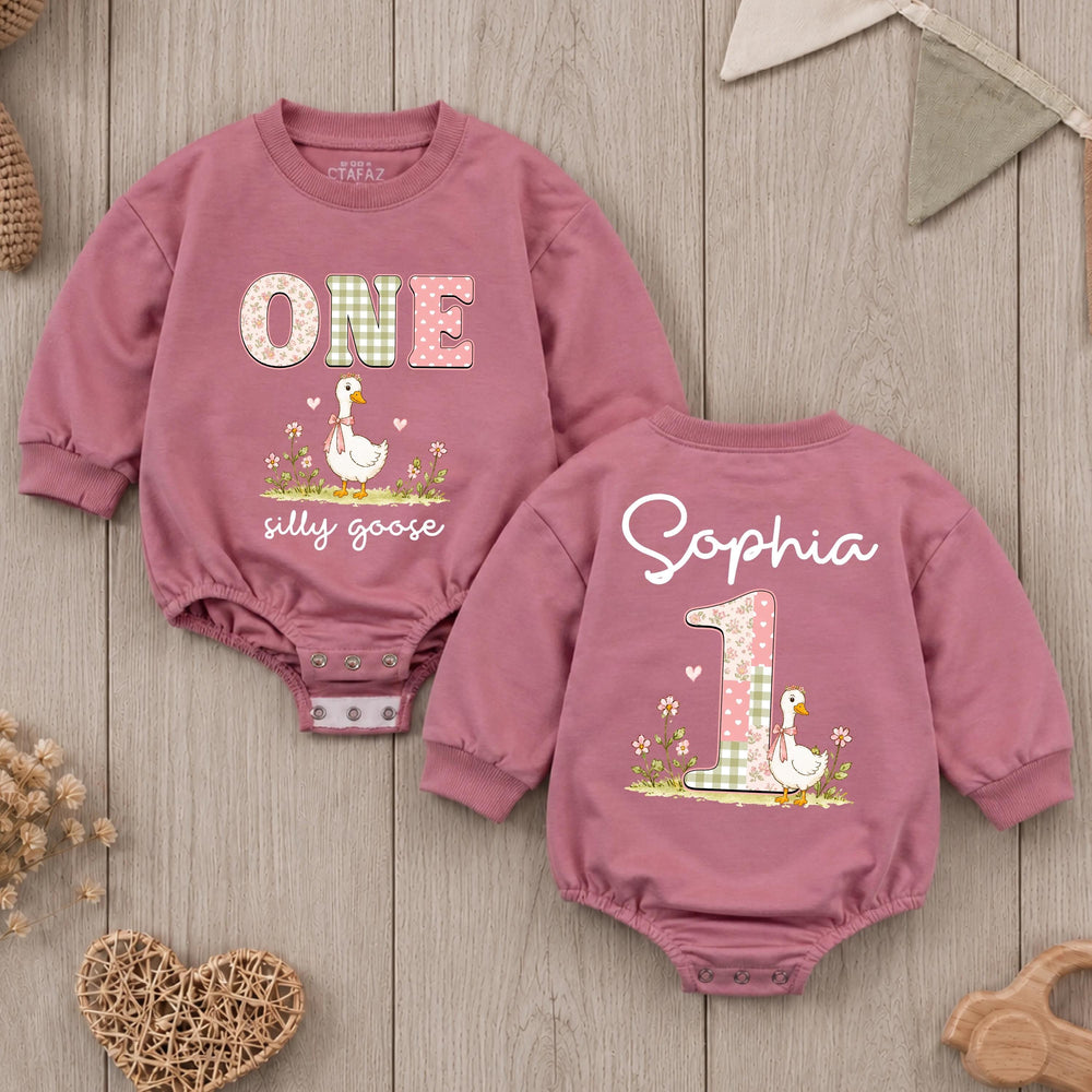 Personalized Silly Goose First Birthday Outfit Baby Girl Romper with Pink Bow Sage Green Floral Design Cake Smash Clothes Custom Name