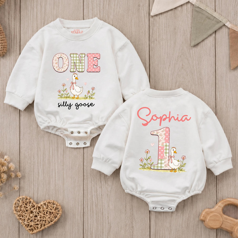 Personalized Silly Goose First Birthday Outfit Baby Girl Romper with Pink Bow Sage Green Floral Design Cake Smash Clothes Custom Name
