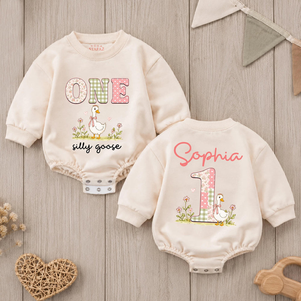 Personalized Silly Goose First Birthday Outfit Baby Girl Romper with Pink Bow Sage Green Floral Design Cake Smash Clothes Custom Name