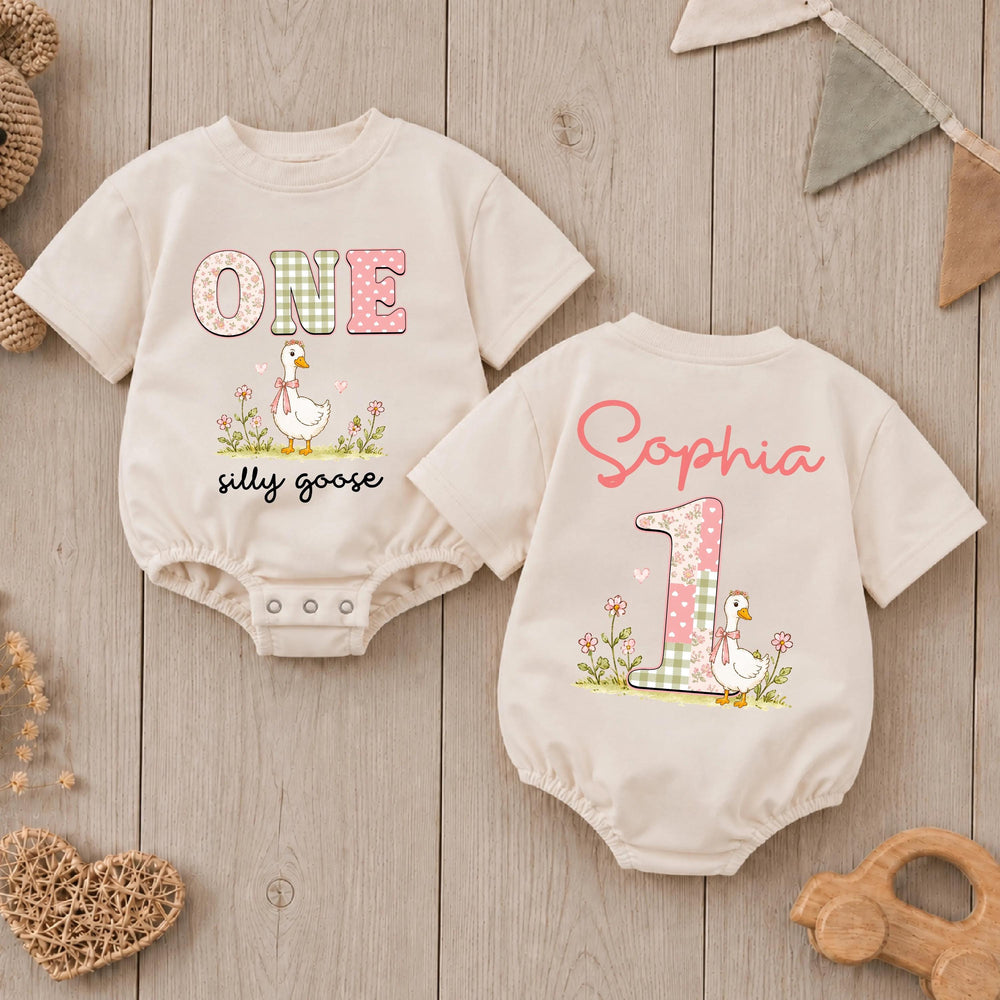 Personalized Silly Goose First Birthday Outfit Baby Girl Romper with Pink Bow Sage Green Floral Design Cake Smash Clothes Custom Name