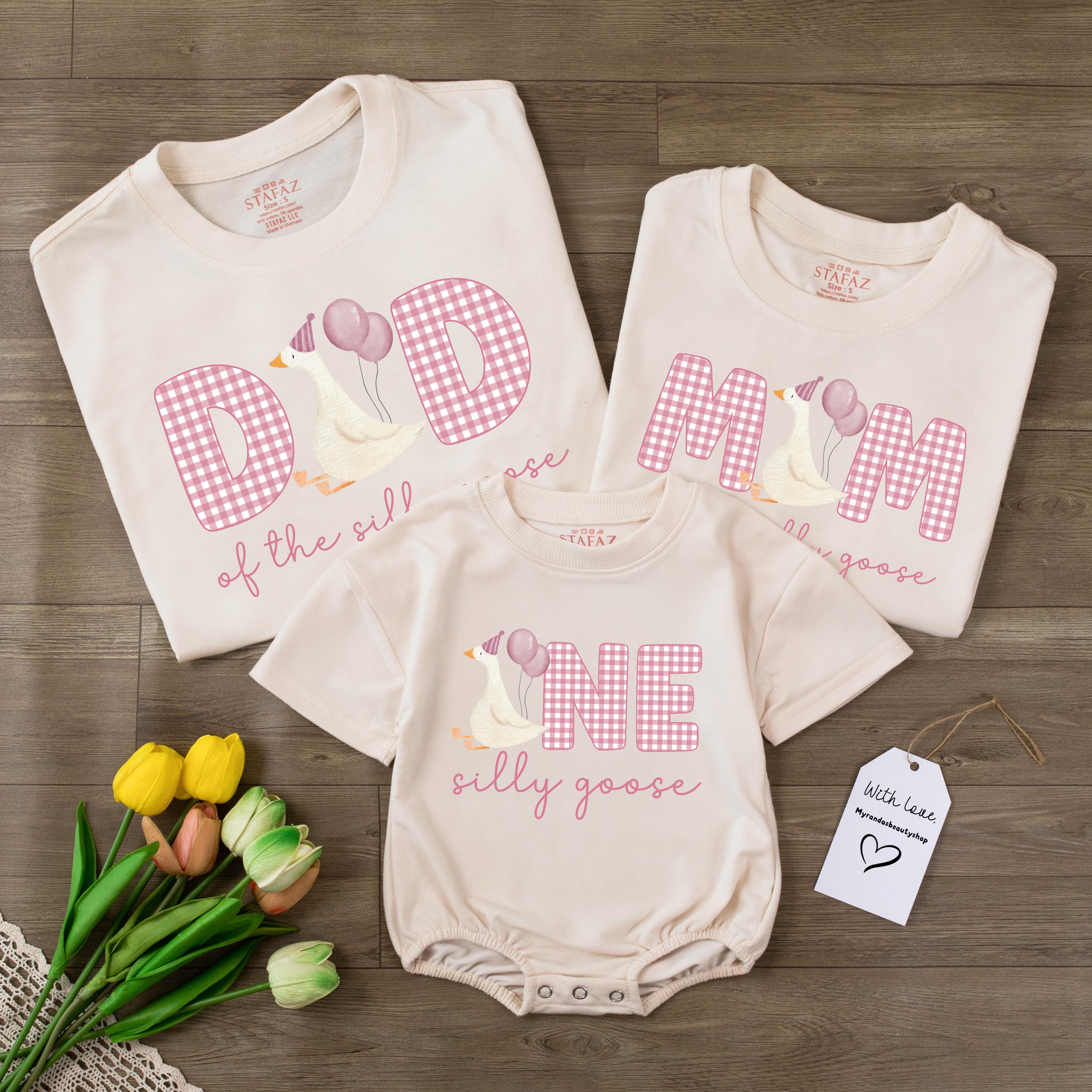 Personalized Silly Goose First Birthday Outfit with Pink Gingham Design Baby Girl Romper Mom Dad Family Matching Shirts Party Gift