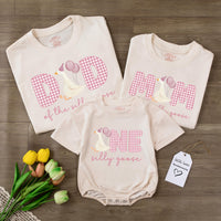 Custom Silly Goose 1st Birthday Outfit Set - Baby Romper, Mom & Dad Matching Tees, Pink Gingham Design, Soft Cotton for Memorable Celebrations