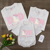 Custom Silly Goose 1st Birthday Outfit Set - Baby Romper, Mom & Dad Matching Tees, Pink Gingham Design, Soft Cotton for Memorable Celebrations