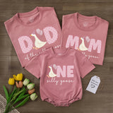 Custom Silly Goose 1st Birthday Outfit Set - Baby Romper, Mom & Dad Matching Tees, Pink Gingham Design, Soft Cotton for Memorable Celebrations