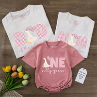 Custom Silly Goose 1st Birthday Outfit Set - Baby Romper, Mom & Dad Matching Tees, Pink Gingham Design, Soft Cotton for Memorable Celebrations