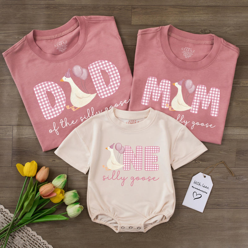 Custom Silly Goose 1st Birthday Outfit Set - Baby Romper, Mom & Dad Matching Tees, Pink Gingham Design, Soft Cotton for Memorable Celebrations