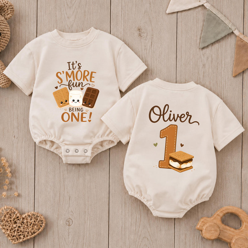 Personalized S'mores First Birthday Baby Romper - Cute Campfire Theme Outfit with Custom Name, Soft Cotton for Cake Smash & Milestone Photos