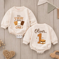 Personalized S'mores First Birthday Baby Romper - Cute Campfire Theme Outfit with Custom Name, Soft Cotton for Cake Smash & Milestone Photos