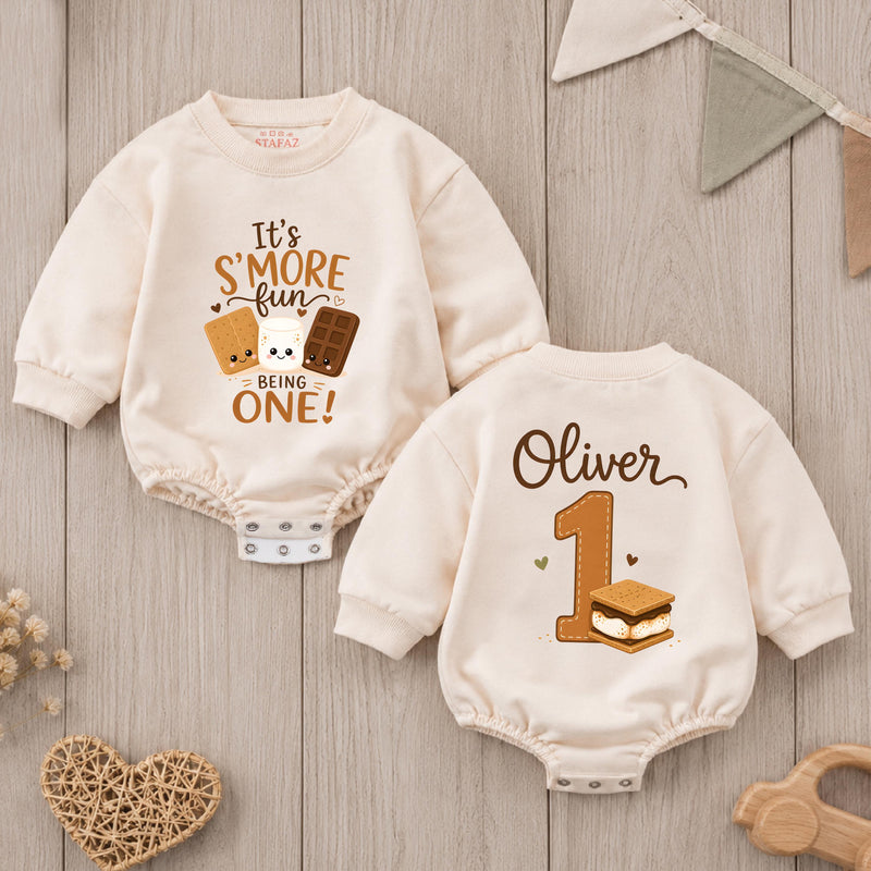 Personalized S'mores First Birthday Baby Romper - Cute Campfire Theme Outfit with Custom Name, Soft Cotton for Cake Smash & Milestone Photos