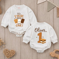 Personalized S'mores First Birthday Baby Romper - Cute Campfire Theme Outfit with Custom Name, Soft Cotton for Cake Smash & Milestone Photos