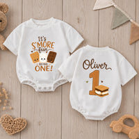 Personalized S'mores First Birthday Baby Romper - Cute Campfire Theme Outfit with Custom Name, Soft Cotton for Cake Smash & Milestone Photos