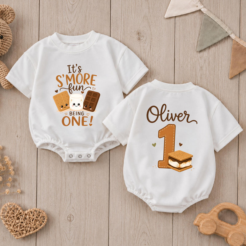 Personalized S'mores First Birthday Baby Romper - Cute Campfire Theme Outfit with Custom Name, Soft Cotton for Cake Smash & Milestone Photos