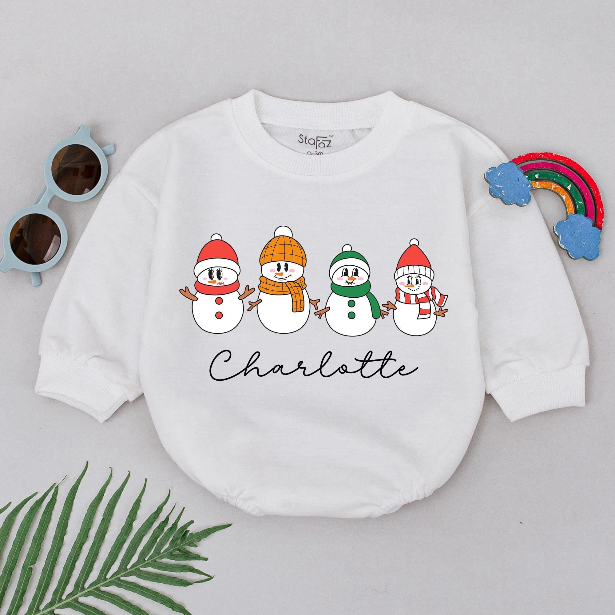 Personalized Snowman Romper for Baby's First Christmas Cheerful Holiday Outfit Soft Cotton Newborn Gift Comfortable Festive Design