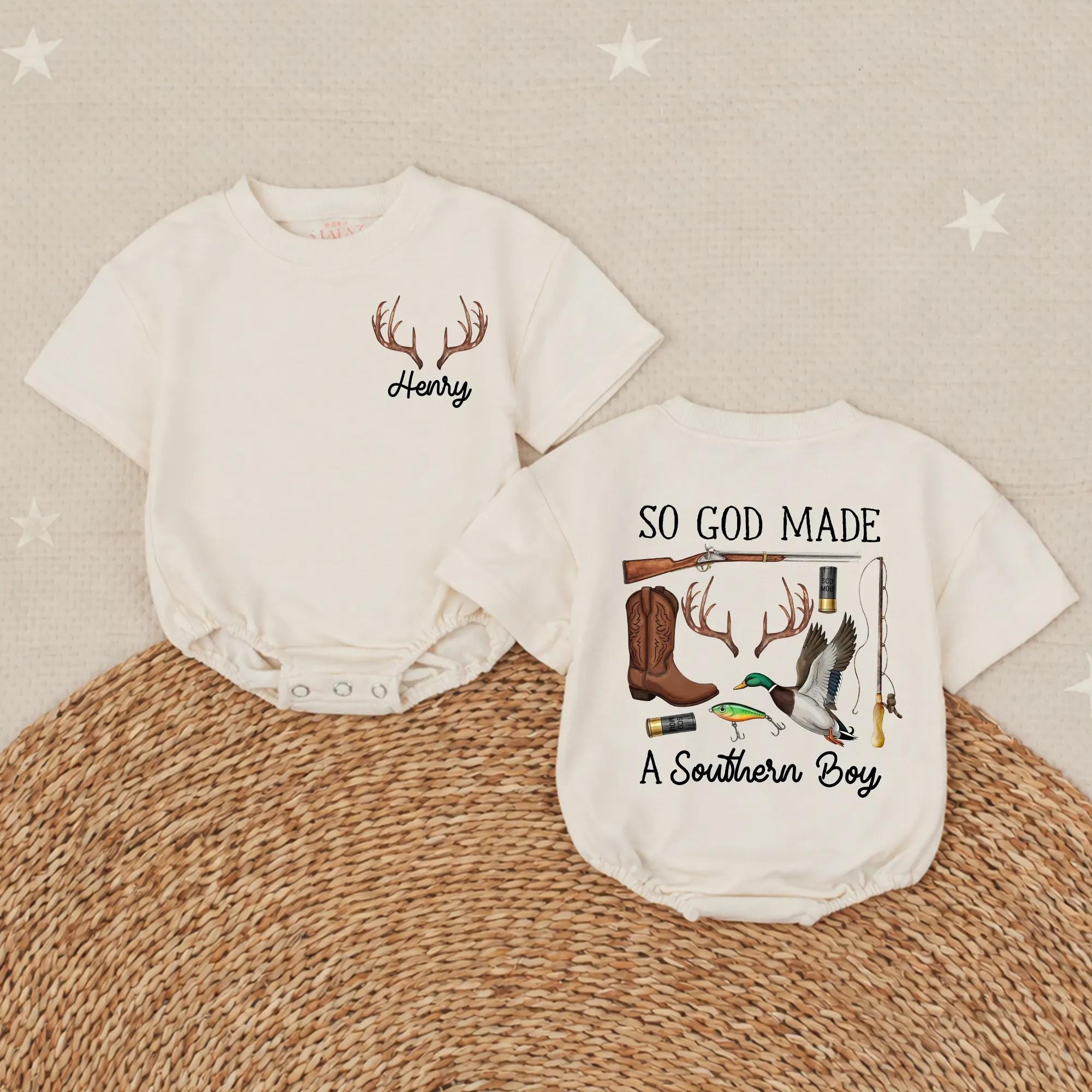 Personalized So God Made A Southern Boy Baby Romper with Name and Antler Design Country-Themed Outfit for Infant Toddler Baby Shower Gift