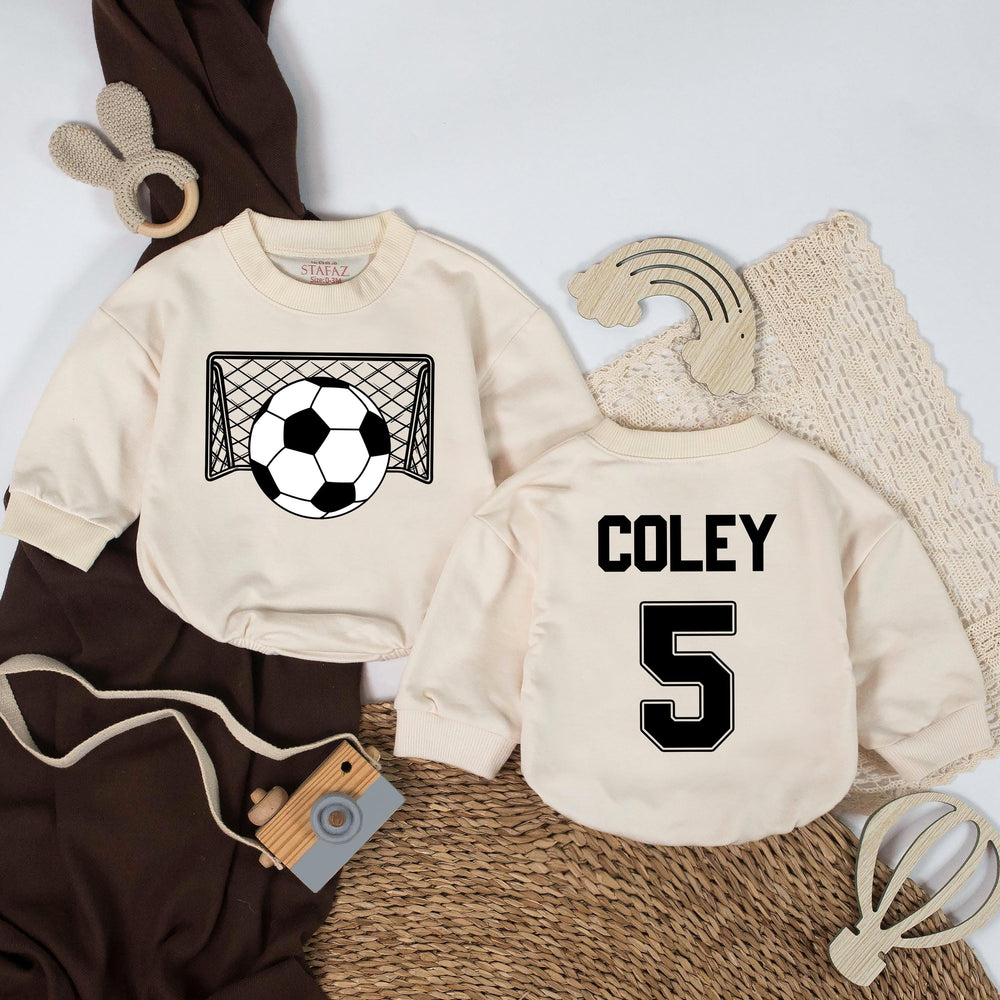 Personalized Soccer Baby Romper with Custom Name and Number, Soft Cotton Gameday Baby Bodysuit, Sporty Baby Shower Gift for Soccer Fans