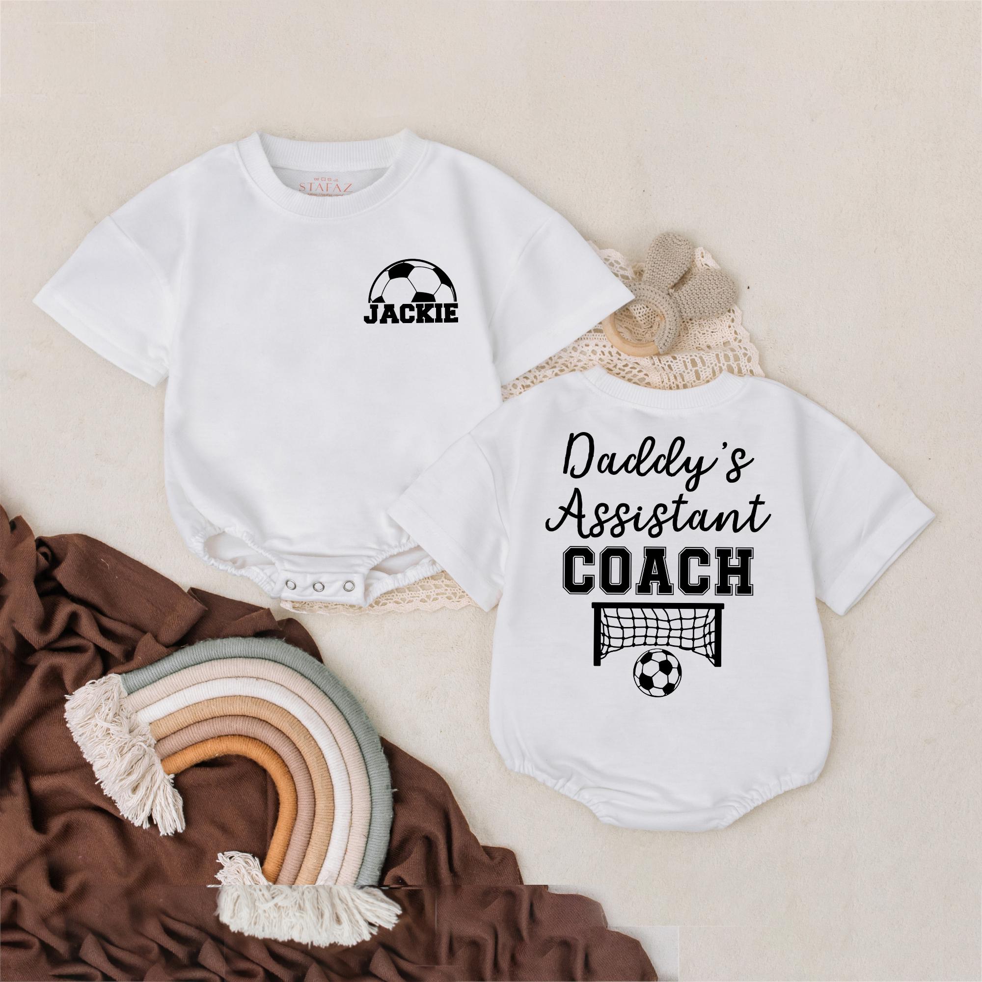 Personalized Soccer Baby Romper Daddy's Assistant Coach Outfit Custom Name Gift Sporty Fun Design Black Text Soccer Ball Graphic