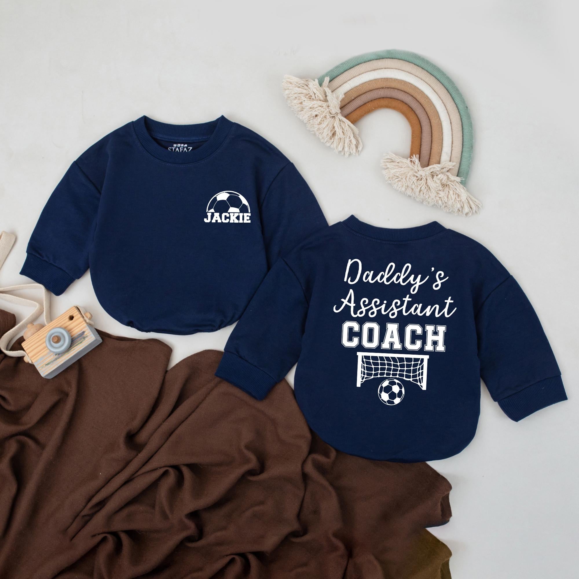 Personalized Soccer Baby Romper Daddy's Assistant Coach Outfit Custom Name Gift Sporty Fun Design Black Text Soccer Ball Graphic