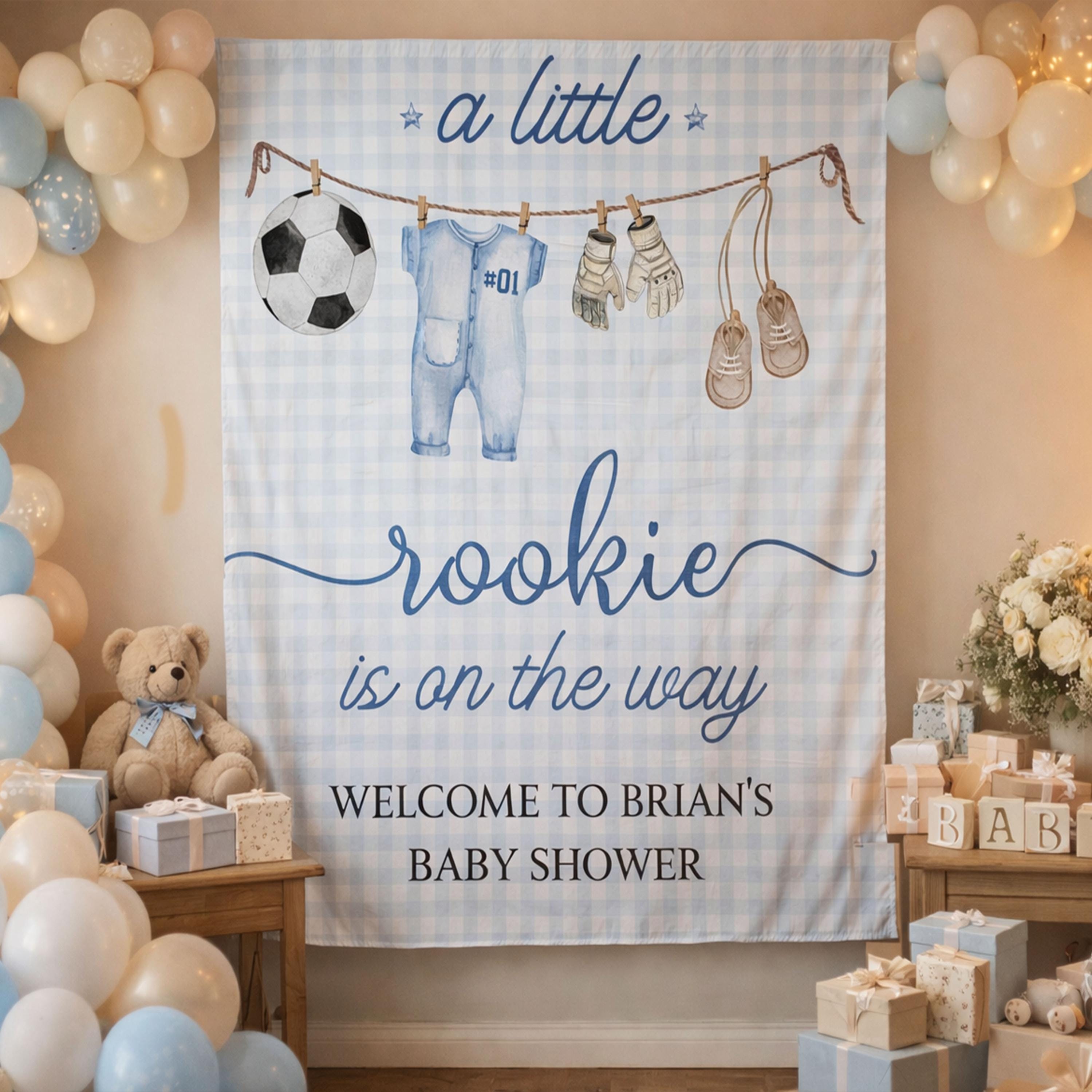 Personalized Soccer Baby Shower Silk Banner for Boy, Little Rookie Game Day Backdrop Party Decor, Custom Name Photo Prop Celebration Gift