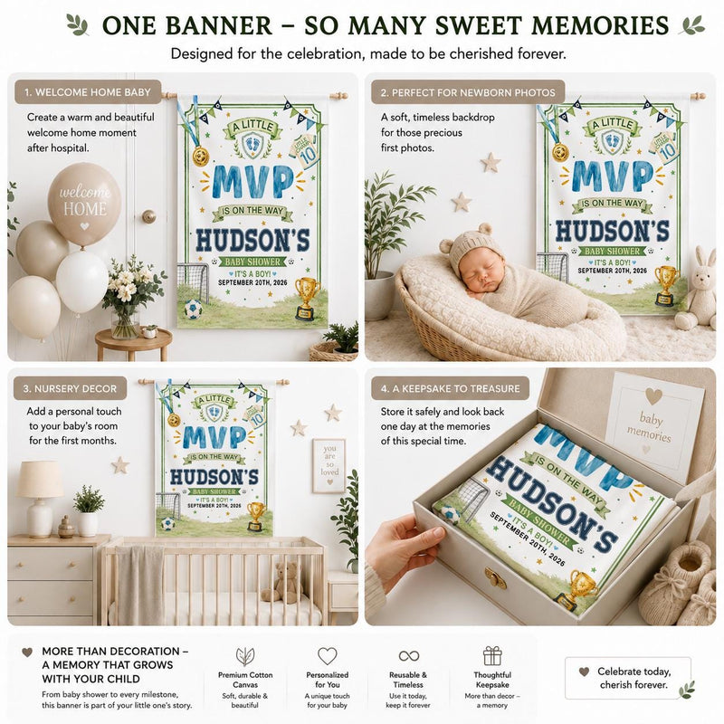 Personalized Soccer Baby Shower Silk Banner - A Little MVP Is On The Way - Custom Name & Date - Sports Theme Decor for Baby Celebration
