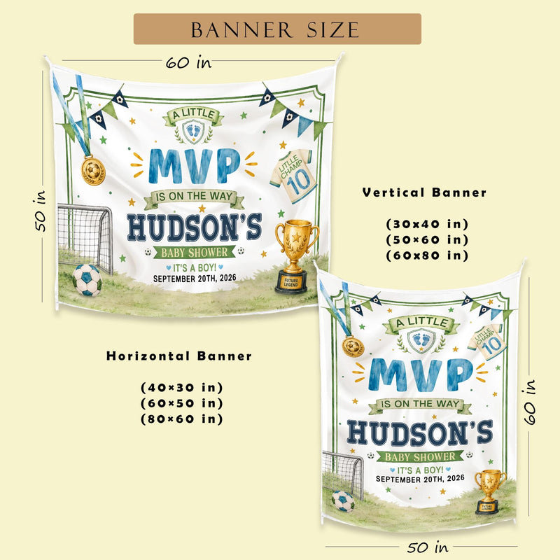 Personalized Soccer Baby Shower Silk Banner - A Little MVP Is On The Way - Custom Name & Date - Sports Theme Decor for Baby Celebration