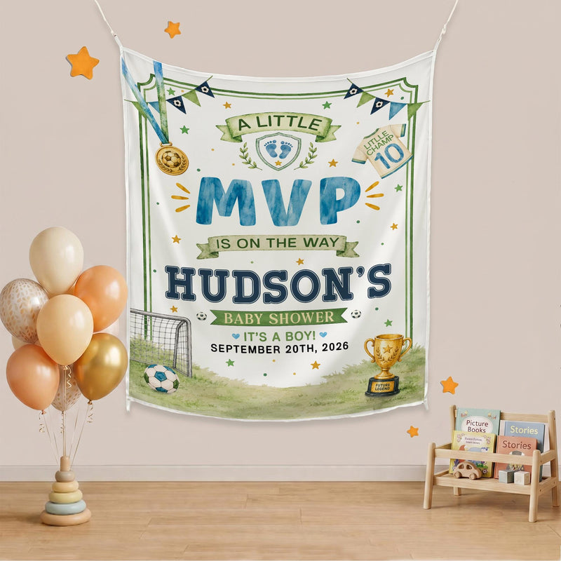 Personalized Soccer Baby Shower Silk Banner - A Little MVP Is On The Way - Custom Name & Date - Sports Theme Decor for Baby Celebration