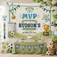 Personalized Soccer Baby Shower Silk Banner - A Little MVP Is On The Way - Custom Name & Date - Sports Theme Decor for Baby Celebration